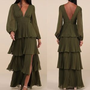 NWOT Graceful Finesse Olive Green Pleated Long Sleeve Maxi Dress